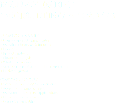 MANAGEMENT CONSULTING SERVICES Business Planning
+ Giving general business advice
+ Assisting clients with financing
+ Budgeting
+ Project analysis
+ Financial analysis
+ What-if scenarios
+ Statistics compilation and interpretation
+ Business growth Controller-ship
+ Cash and inventory management
+ Advice on internal control
+ Assistance with grant applications
+ Human resources management
+ Computer consulting
